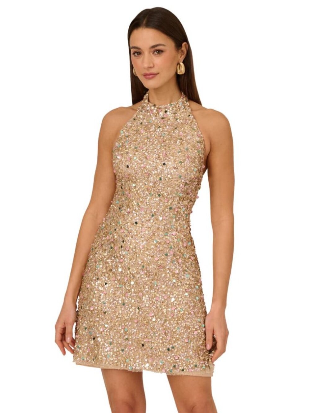 Adrianna Women's Beaded Halter Short Dress Blush Multi Size 8